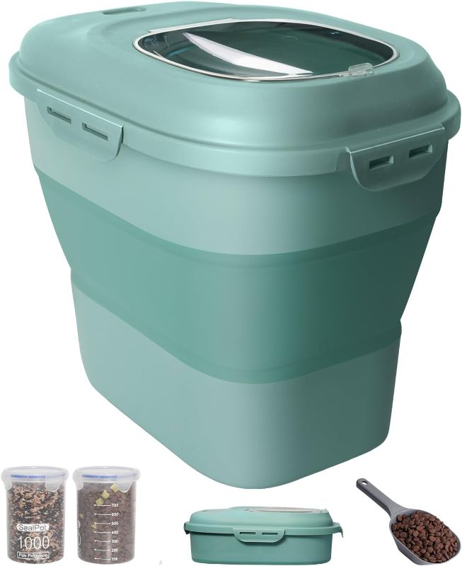 Photo 1 of 30-35 Lbs Dog Food Storage Container Collapsible Dog Food Container with Airtight Lids, Wheels, Scoop and 2pcs Food Storage Containers, Large Pet food storage for Dog, Cat (Green)
