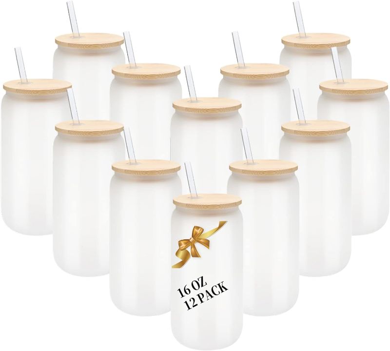Photo 1 of 12 Pack Sublimation Beer Drinking Cups with Bamboo Lids & Straw 16oz
