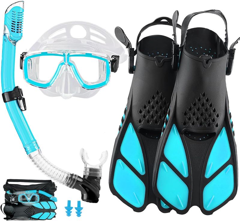 Photo 1 of 2022 Version Adults Mask Fins Snorkel Set, Snorkeling Gear for Adult with Fins, Snorkel Sets with Flippers, Adult Anti Leak Scuba Gear with Adjustable Fins Diving Mask Full Dry Top Snorkel with Bag
