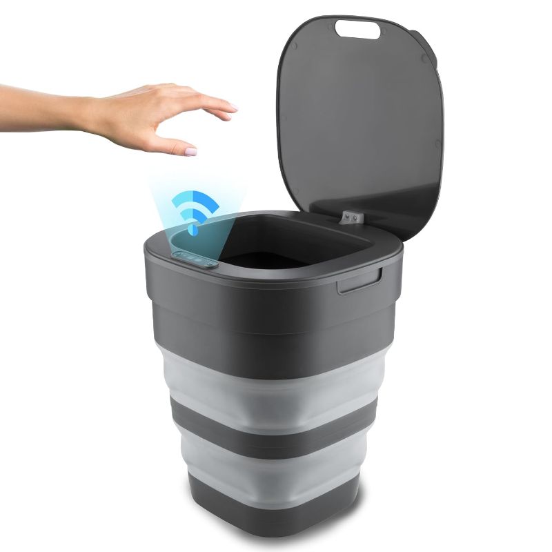 Photo 1 of Bathroom Trash Can with Lid Automatic Garbage Can, 2.4 Gallon Collapsable Trashcan, Touchless Smart Trash Can, Sensor Trash Can for Bedroom,Toilet,Office,Living Room,Kitchen-Grey
