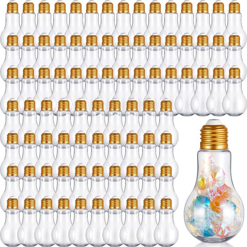 Photo 1 of 144 Pieces Clear Plastic Light Bulbs Jars 3.38 Oz/ 100 ml Fillable Lightbulb Bottle Bulk for Craft with Gold Lids Decorative Bulb Storage Containers for Candy Drinking Ornaments Party Favors Gifts
