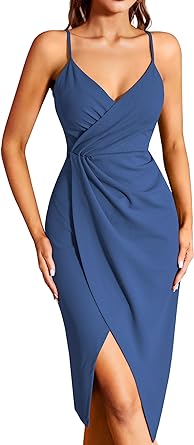 Photo 1 of Missufe Women's Wrap V Neck Sleeveless Spaghetti Strap Ruched Bodycon Midi Slit Summer Party Cocktail Dress