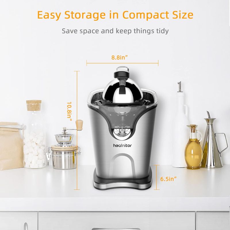 Photo 1 of 150W Electric Citrus Juicer Squeezer with 2 Cones, Healnitor Stainless Steel Quiet Orange Juice Extractor Machines for Lime Grapefruit Lemon, Detachable Design