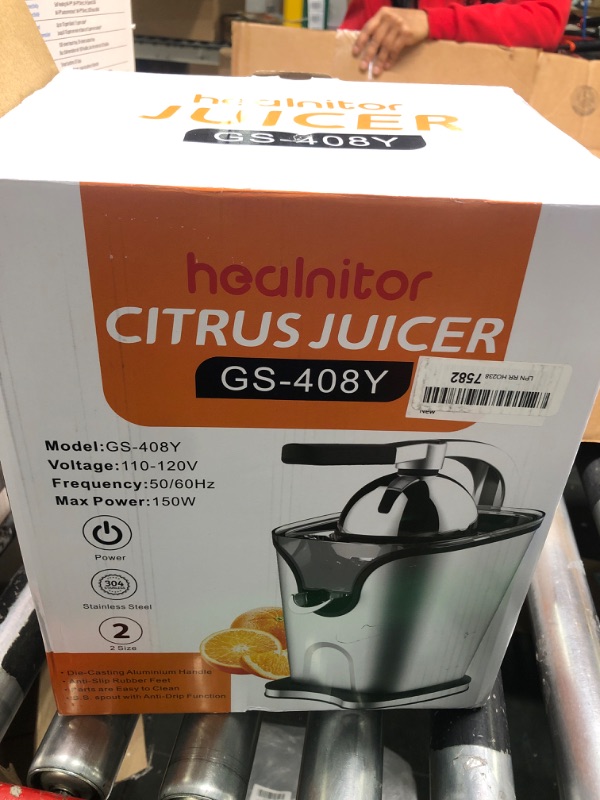 Photo 1 of 150W Electric Citrus Juicer Squeezer with 2 Cones, Healnitor Stainless Steel Quiet Orange Juice Extractor Machines for Lime Grapefruit Lemon, Detachable Design