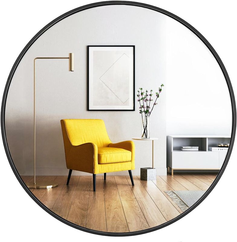 Photo 1 of  Round Mirror, Black Round Mirror 24 inch, Round Wall Mirror Metal Frame, Round Bathroom Mirror, Circle Mirrors for Wall, Living Room, Bedroom, Vanity,...
