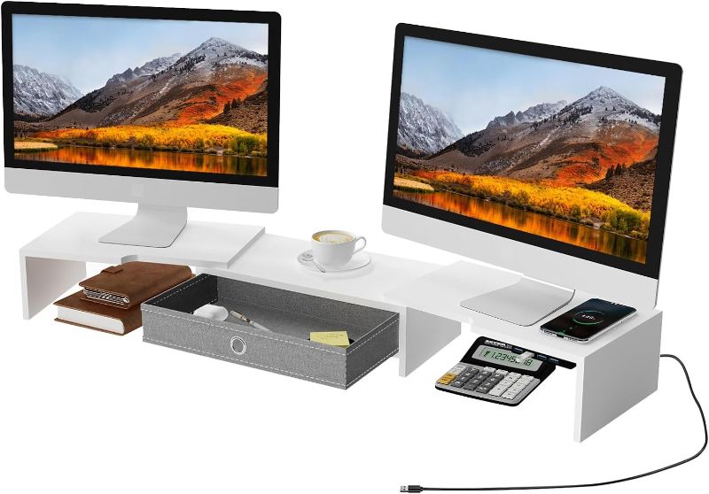 Photo 1 of Dual Monitor Stand Riser with Wireless Charging and 4 USB 3.0 Hub Ports, Computer Stand with Adjustable Length and Angle, Desktop Organizer for PC Monitor Laptop MacBook