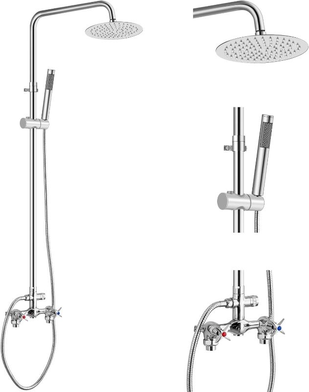 Photo 1 of Aolemi Wall Mount Outdoor Shower Kit,Outdoor Shower Fixture System with Handheld Spray,Double Handle Outdoor Shower Faucet 6 Inch Center Exposed Shower,with 8 Inch Rainfall Shower Head,Polish Chrome
