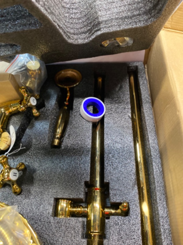 Photo 1 of Bathroom Shower Faucet Set Gold Polish 8 Inch Head Rainfall Shower Fixture 2 Functions Handheld Spray Double Cross Handle Wall Mount Mixer System Double Cross Handle-without tub spout Polish Gold