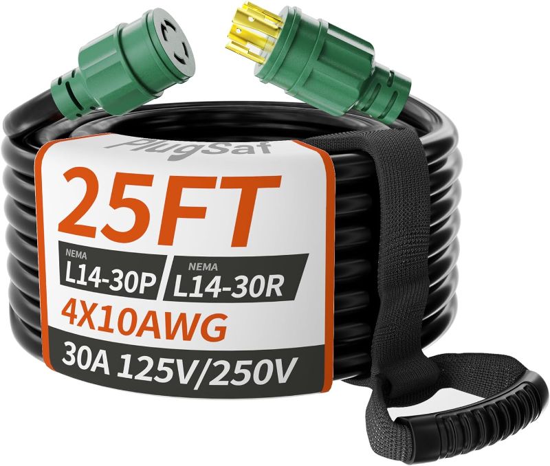 Photo 1 of 25FT 30 Amp Generator Extension Cord 4 Prong, NEMA L14-30P/L14-30R 10 Gauge STW 125/250V Twist Lock Generator Cord Heavy Duty, Green ETL Listed
