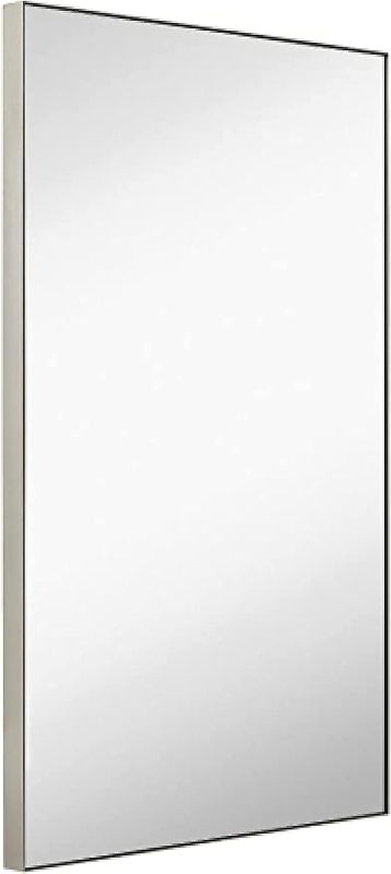 Photo 1 of **USED** Hamilton Hills 24x36 inch Metal Framed Brushed Silver Rectangular Mirror | Simple Edge Bathroom Mirrors for Wall | Decorative Entryway Squared Corners Mirror | Hangs Horizontally and Vertically 24" x 36" Silver