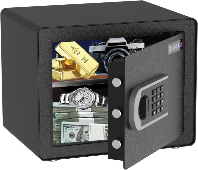 Photo 1 of 1.2 Cub Safe Box - Home Safe for Cash Money Jewelry Guns Documents, Security Safe Box, Solid Steel Lock Box with Digital Electronic Security Keypad for Home Office Hotel (Black)
