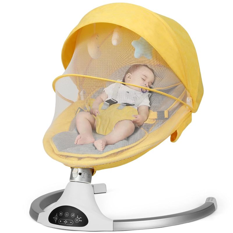 Photo 1 of Baby Swing for Infants, Baby Rocker with 5 Point Harness, Bluetooth Support Baby Swing, 10 Preset Lullabies. 3 Speed Natural Baby Swing, Infant Swing with Remote Control and 3 Hanging Toys, Yellow
