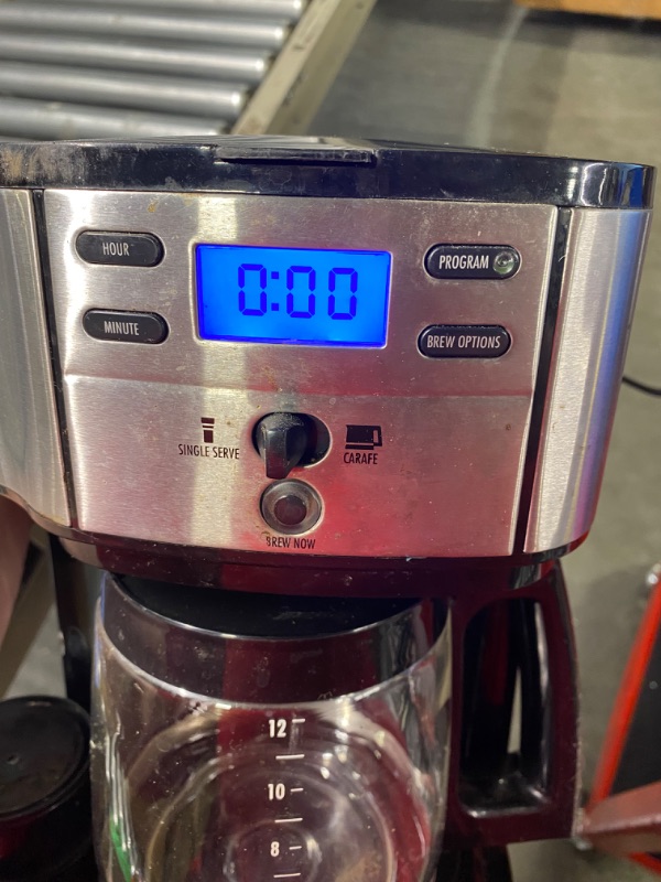 Photo 3 of **USED FOR PARTS** Hamilton Beach 2-Way 12 Cup Programmable Drip Coffee Maker & Single Serve Machine, Glass Carafe, Auto Pause and Pour, Black (49980R)