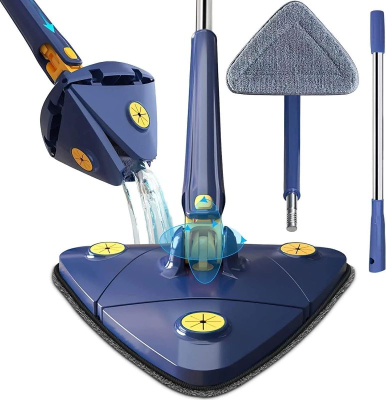 Photo 1 of 360° Rotatable Adjustable Cleaning Mop with 6Pcs Cloths Triangular Cleaning Mop Telescopic Scrubber Brush for Hardwood Windows Floor Wall Tile Triangle Mop Set (Blue Mop)
