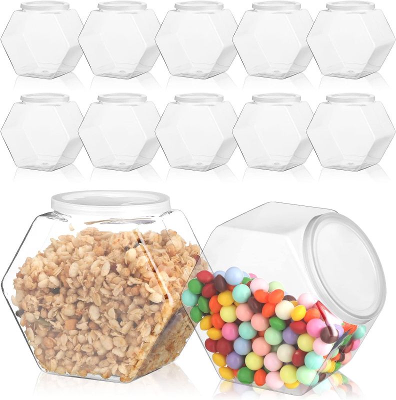 Photo 1 of 12 Pieces Hexagon Shaped Plastic Cookie Jars with Airtight Lids Wide Mouth Clear Plastic Candy Jars Reusable Candy Containers for Home Snack Candy Buffet Storage Kitchen Counter, 850 ml, 2150 ml

