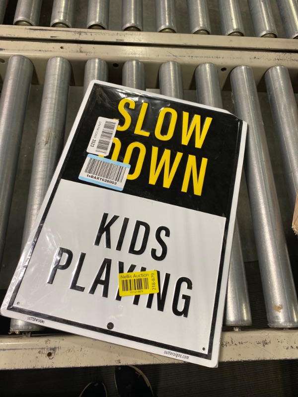 Photo 2 of Slow Down Kids Playing Sign for Street, Outdoor Mounted Metal Sign | Children At Play Safety Signs for Neighborhoods, 12" x 18"