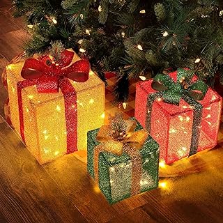 Photo 1 of [ Super Large 12"-10"-8" ] 3 Pack Christmas 60 LED Lighted Gift Boxes Decor Timer 8 Modes Remote Battery Operated Gold Glitter Boxes Decorations Outdoor Home Indoor Xmas Tree Yard Battery Power