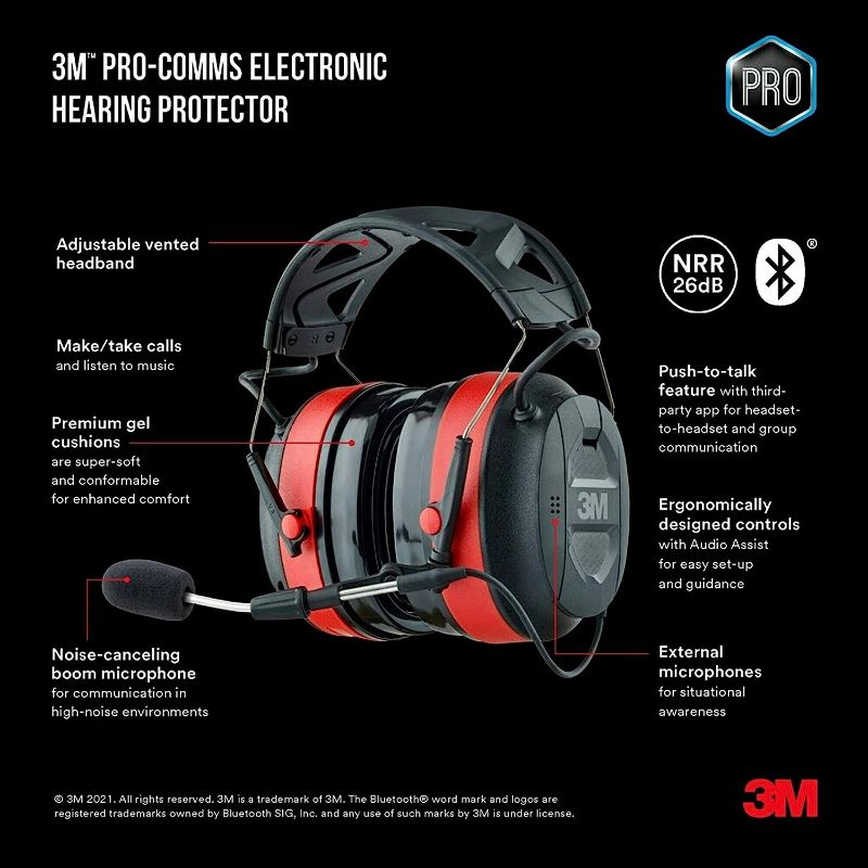 Photo 1 of 3M Pro-Comms Electronic Hearing Protector with Bluetooth Wireless Technology and External Microphones, Hearing protection, NRR 26 dB, Black/Red
