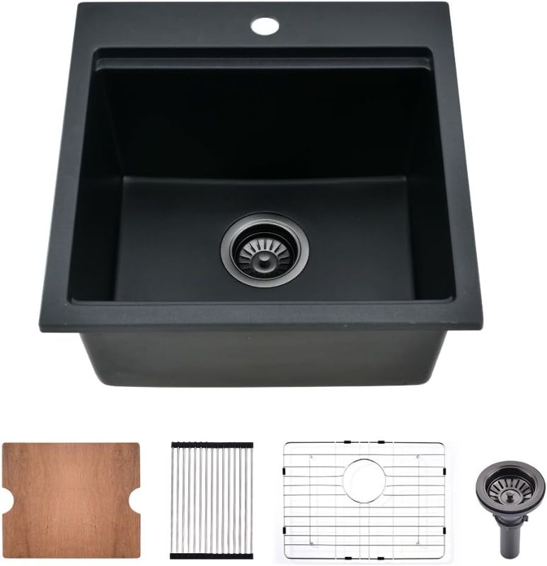 Photo 1 of 21 Inch Black Drop In Bar Sink Quartz Workstation-Bokaiya 21x20 Bar Sink Drop In Matte Black Quartz Composite Bar Sink Outdoor Rv Single Bowl Wet Bar Sink with Cutting Board
