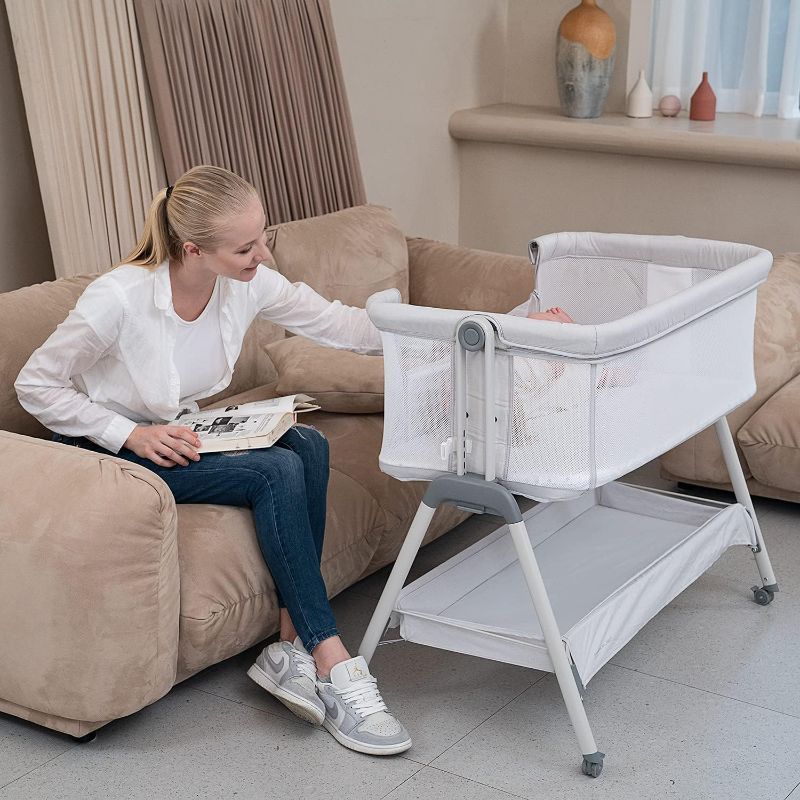 Photo 1 of ANGELBLISS 3 in 1 Baby Bassinet, Rocking Bassinets Bedside Sleeper with Comfy Mattress and Wheels, 6 Height Adjustable Easy Folding Portable Bedside Crib for Newborn Infant
