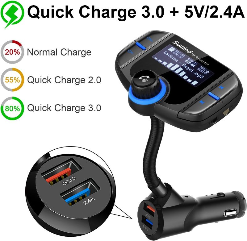 Photo 1 of (Upgraded Version) Bluetooth FM Transmitter, Sumind Wireless Radio Adapter Hands-Free Car Kit with 1.7 Inch Display, QC3.0 and Smart 2.4A Dual USB Ports, AUX Input/Output, TF Card Mp3 Player

