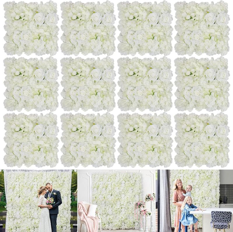 Photo 1 of Silk Flower Wall Panels Backdrop 15 * 15inch- 12Pcs Wedding Wall DIY 3D Floral Panels Handmade Fake Flower Screen for Photo Photography Party Event Baby Shower Wall Background Décor-White
