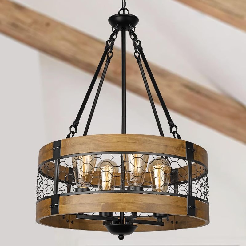 Photo 1 of 17.8" Rustic Farmhouse Chandelier Wood Light Fixture, 4-Light Round Chandelier for Dining Room Entryway Kitchen Island Foyer,Retro Wood and Metal Finish
