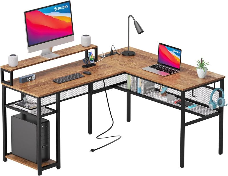 Photo 1 of **MAJOR DAMAGE TO CORNER STILL FUNCTIONAL**
L Shaped Desk with Power Outlet and USB Charging Port, 42.5 Inch Reversible Computer Desk with Storage Shelf and Monitor Stand Corner Desk Home Office Writing Table with 2 Hooks, Walnut
