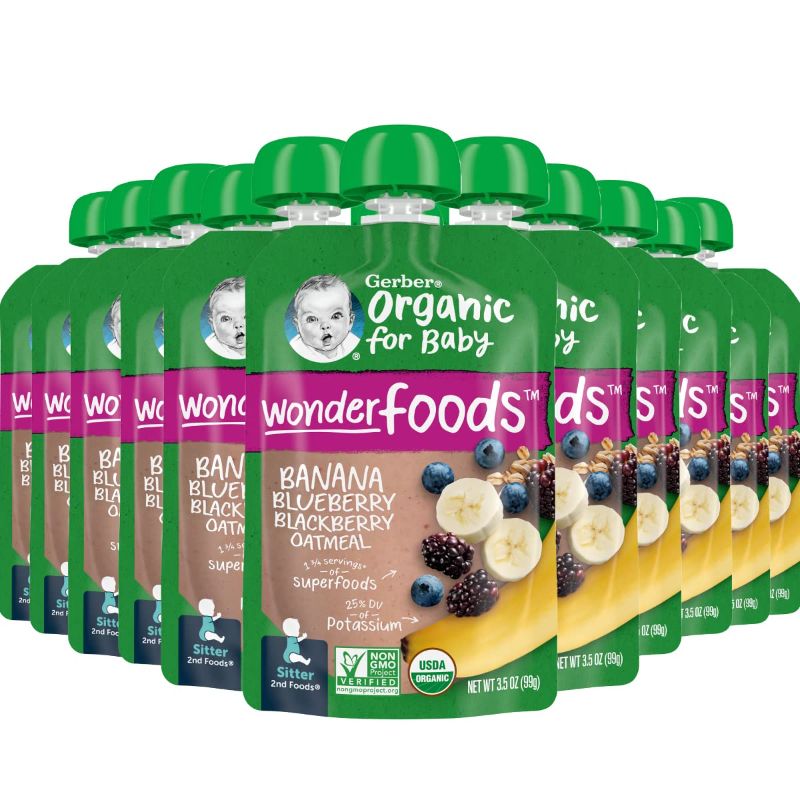 Photo 1 of *NON REFUNDABLE FOOD*
Gerber Organic Baby Food Pouches, 2nd Foods for Sitter, WonderFoods, Banana Blueberry Blackberry Oatmeal, 3.5 Ounce (Pack of 12) BB: Jan 31, 2025