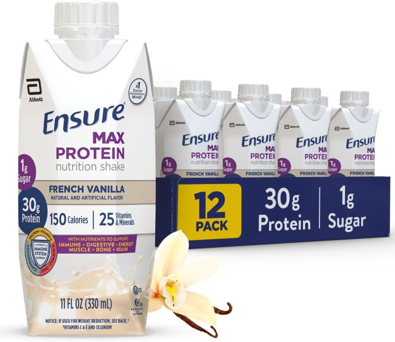 Photo 1 of *NON REFUNDABLE FOOD*
Ensure Max Protein Nutrition Shake with 30g of Protein, 1g of Sugar, High Protein Shake, French Vanilla, Liquid, 11 fl oz (Pack of 12) (March 2025)
