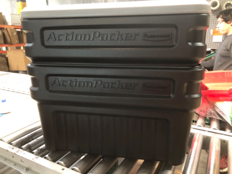 Photo 1 of (MISSING A PART) (NO RETURNS) 
Rubbermaid ActionPacker? 24 Gal Lockable Storage Box Pack of 2, Outdoor, Industrial, Rugged, Grey and Black

MISSING ONE LID
