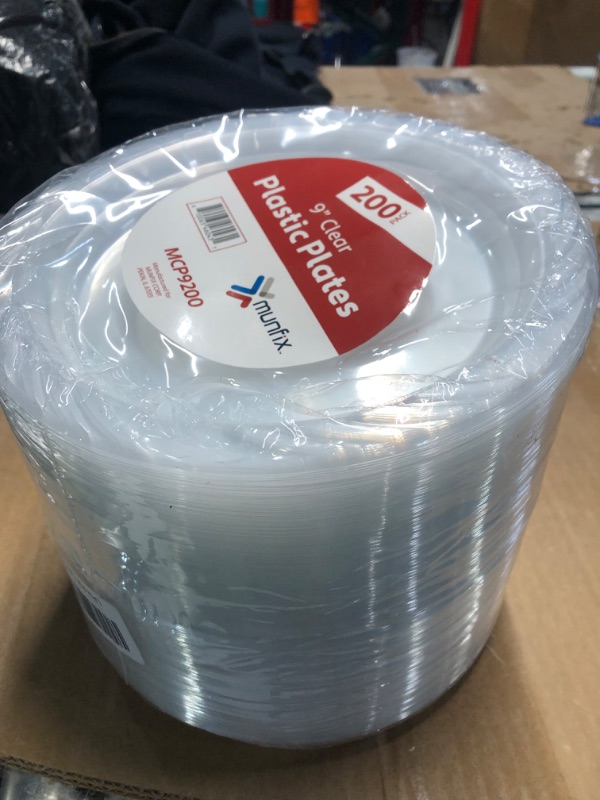 Photo 1 of Munfix 9 Inch Clear Plastic Plates 200 Bulk Pack - Disposable Plates for BBQ Party Dinner Travel and Events, Microwavable Recyclable