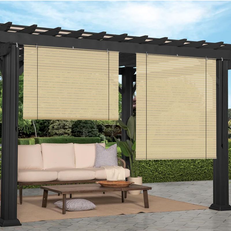 Photo 1 of *SIMILAR TO STOCK PHOTO* Outdoor Roller Shade 6'W×6'H Patio Shades Roll Up Outdoor Patio Blinds Exterior Roller Shades Porch Screen for Outside Deck Pergola Balcony, Beige Striped Hollow Out