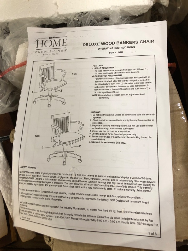 Photo 2 of **DAMAGED SEE NOTES**OSP Home Furnishings Deluxe Wood Banker's Desk Chair with Adjustable Height, Locking Tilt, and Heavy Duty Base, Espresso