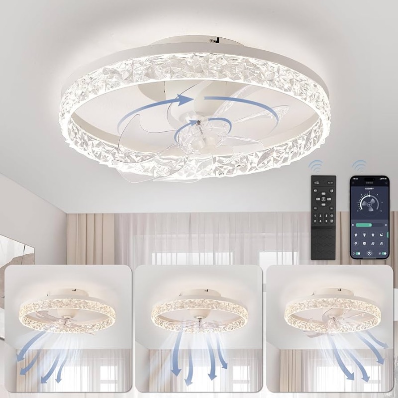Photo 1 of LEDIARY 20 Inch Low Profile Ceiling Fans with Lights and Remote, Oscillating Bladeless Ceiling fan, Dimmable LED Modern Ceiling Fan, Stepless Color Changeable, 6 WInd Speeds - White