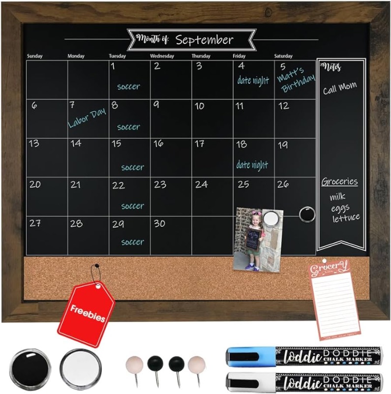 Photo 3 of Loddie Doddie 18x24 Rustic Framed Chalkboard Calendar and Bulletin Combo Board. Includes Chalk Markers, Push-Pins and Magnets. Blackboard - Calendar - Cork Board. Perfect for Organizing Your Space