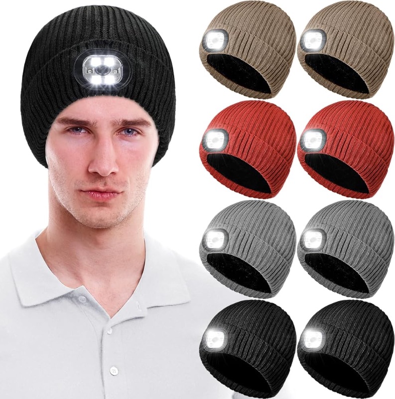 Photo 1 of 8 Pcs LED Beanie Unisex Hat with Light USB Rechargeable Beanie Double Layer Warm Headlamp Hats Cap Christmas Winter Gifts Men Woman Outdoor