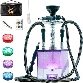 Photo 1 of 2 Hose Hookah Set With Travel Case Clean Brush, Micro Cube Acrylic Hookah with Silicone Hookah Bowl 2 Leather Hose Foil Sheet Coal Tongs Magical Remote LED Light for Better Shisha Narguile Smoking