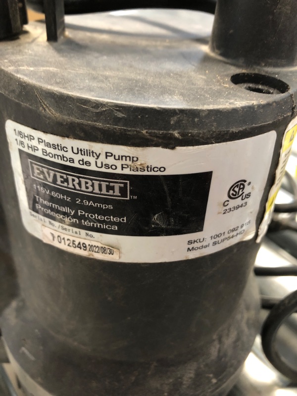 Photo 2 of ** READ NOTES***
Everbilt SUP54-HD 1/6 HP Plastic Utility Pump