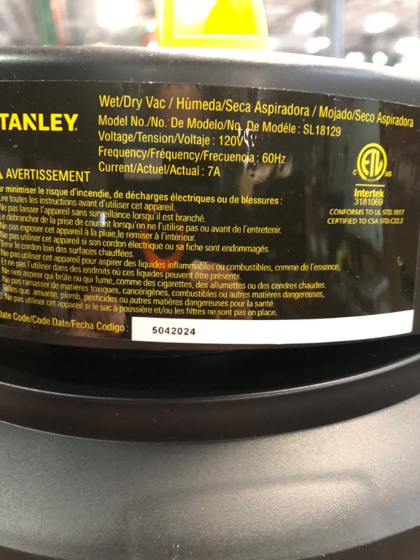 Photo 3 of **READ NOTES**
Stanley - SL18129 Wet/Dry Vacuum, 4 Gallon, 4 Horsepower, Stainless Steel Tank Silver+yellow