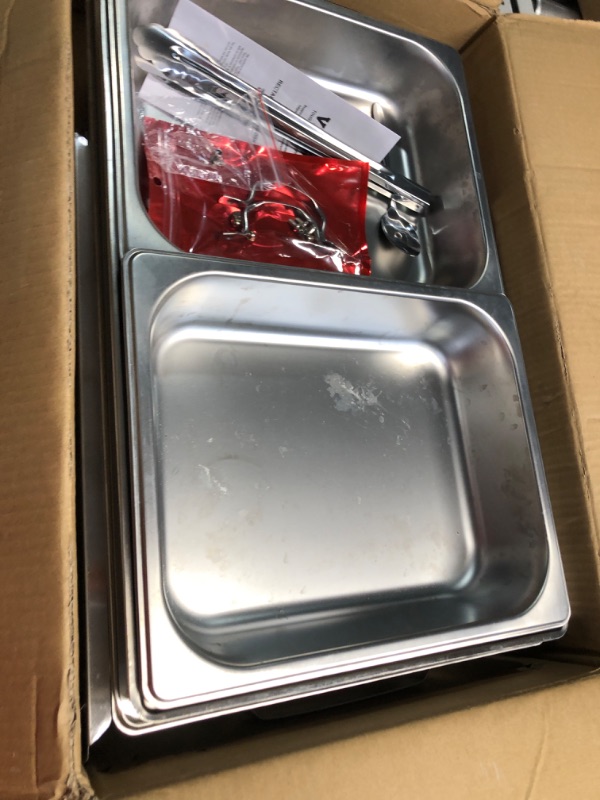 Photo 5 of ***MISSING PARTS UNKNOWN IF FUNCTIONAL***
VEVOR Chafing Dish Buffet Set, 2 Pack 8 Qt, Stainless Chafer w/ 2 Full & 4 Half Size Pans, Rectangle Catering Warmer Server w/ Lid Water Pan Folding Stand Fuel Tray Holder Clip