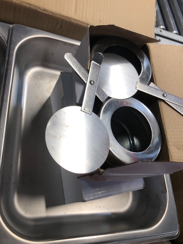 Photo 4 of ***MISSING PARTS UNKNOWN IF FUNCTIONAL***
VEVOR Chafing Dish Buffet Set, 2 Pack 8 Qt, Stainless Chafer w/ 2 Full & 4 Half Size Pans, Rectangle Catering Warmer Server w/ Lid Water Pan Folding Stand Fuel Tray Holder Clip