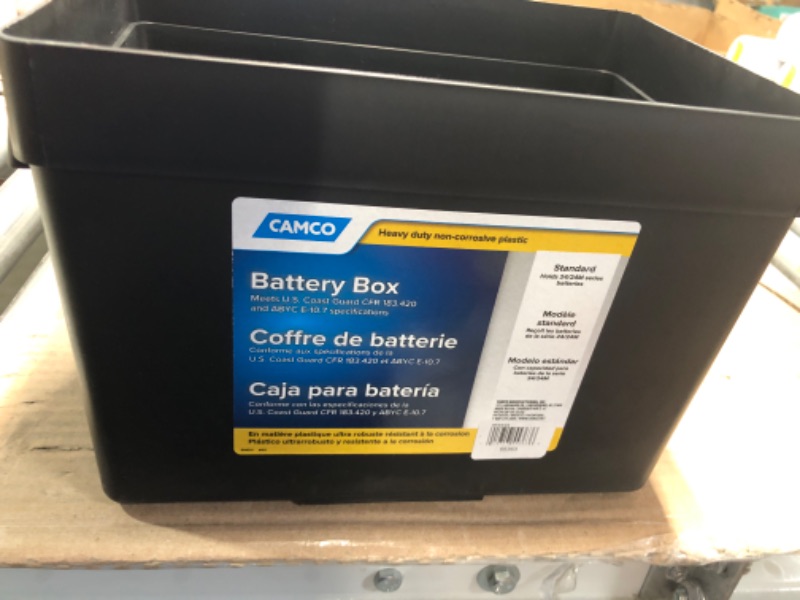 Photo 2 of Camco Heavy Duty Battery Box with Straps and Hardware - Group 24 |Safely Stores RV, Automotive, and Marine Batteries |Durable Anti-Corrosion Material | Measures 7-1/4" x 10-3/4" x 8" | (55363) Frustration Free Packaging Regular Battery Box