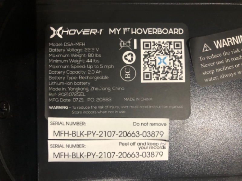 Photo 2 of ***USED - DOES NOT POWER ON - SEE COMMENTS***
Hover-1 My First Hoverboard Electric Self-Balancing Hoverboard for Kids with 5 mph Max Speed, Dual 150W Motors, 6.3” Tires, 3 Miles Max Range, and LED Headlights Black