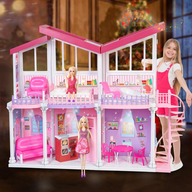 Photo 1 of All Plastic Large Doll House, 2023 Dollhouse with Play Kitchen& Big Furnitures, Lights&Music, 2-Story& 6 Rooms Playhouse 