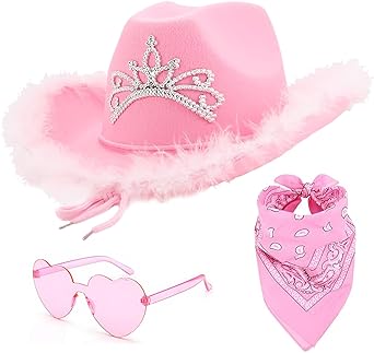 Photo 1 of  PCS Pink Cowgirl Cowboy Hat with Heart Sunglasses Bandana Pink Cowgirl Christmas Costume Accessories for Girls Women