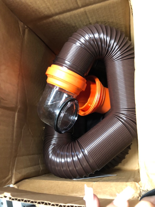 Photo 3 of Camco RhinoFLEX RV Sewer Hose Kit with Swivel Transparent Elbow and 4-in-1 Dump Station Fitting, Brown, 15 Feet (39770) 15ft Sewer Hose Kit Frustration-Free Packaging