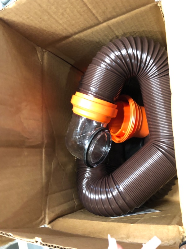 Photo 2 of Camco RhinoFLEX RV Sewer Hose Kit with Swivel Transparent Elbow and 4-in-1 Dump Station Fitting, Brown, 15 Feet (39770) 15ft Sewer Hose Kit Frustration-Free Packaging