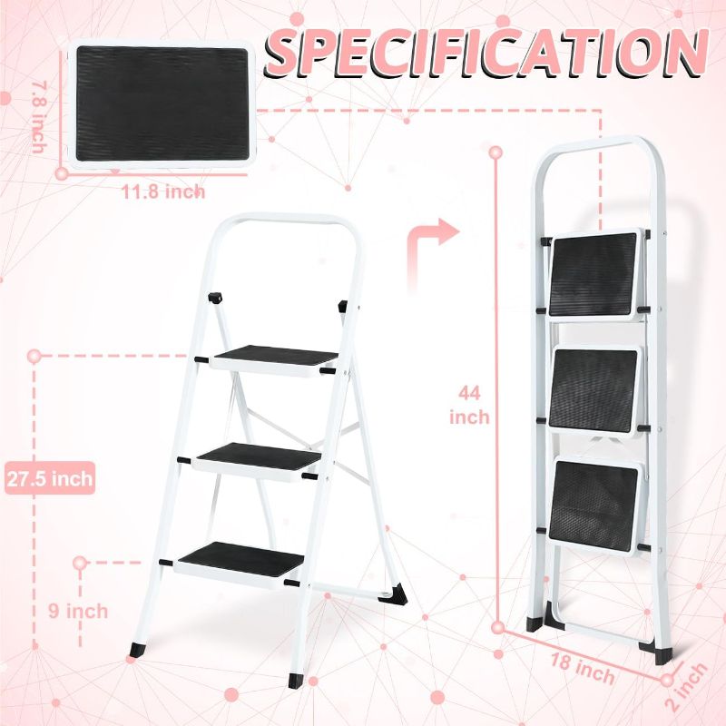 Photo 4 of (READ FULL POST) Double Elite Step Ladder 3 Step Folding with Handgrip, Sturdy 330Lbs Load Stylish Step Stools for Adults, Safer Folding Step Stool Ladder, Small 3 Step Ladder for Home with Anti-Slip Wide Pedals,White