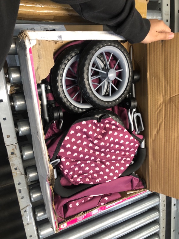 Photo 3 of Bayer Design Dolls: Trendy Pram - Burgundy, Pink, Hearts - Includes Shoulder Bag, Fits Dolls Up to 18", Adjustable Handle, Kids Pretend Play, Shopping Basket, Easy to Fold, Ages 3+